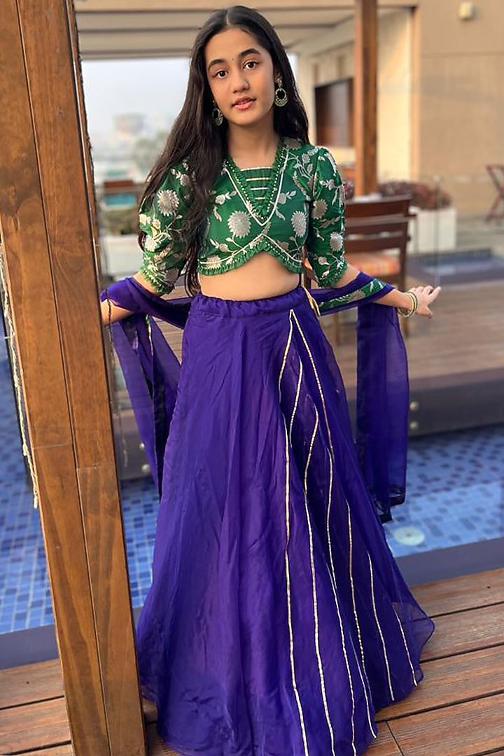 Blue Organza & Brocade Embroidered Lehenga Set For Girls by Kirti Agarwal Pret n Couture at Pernia's Pop Up Shop