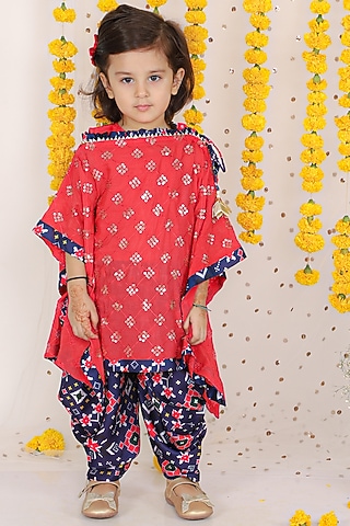 Blue Cotton Satin & Georgette Printed Dhoti Set For Girls by Kirti Agarwal Pret n Couture
