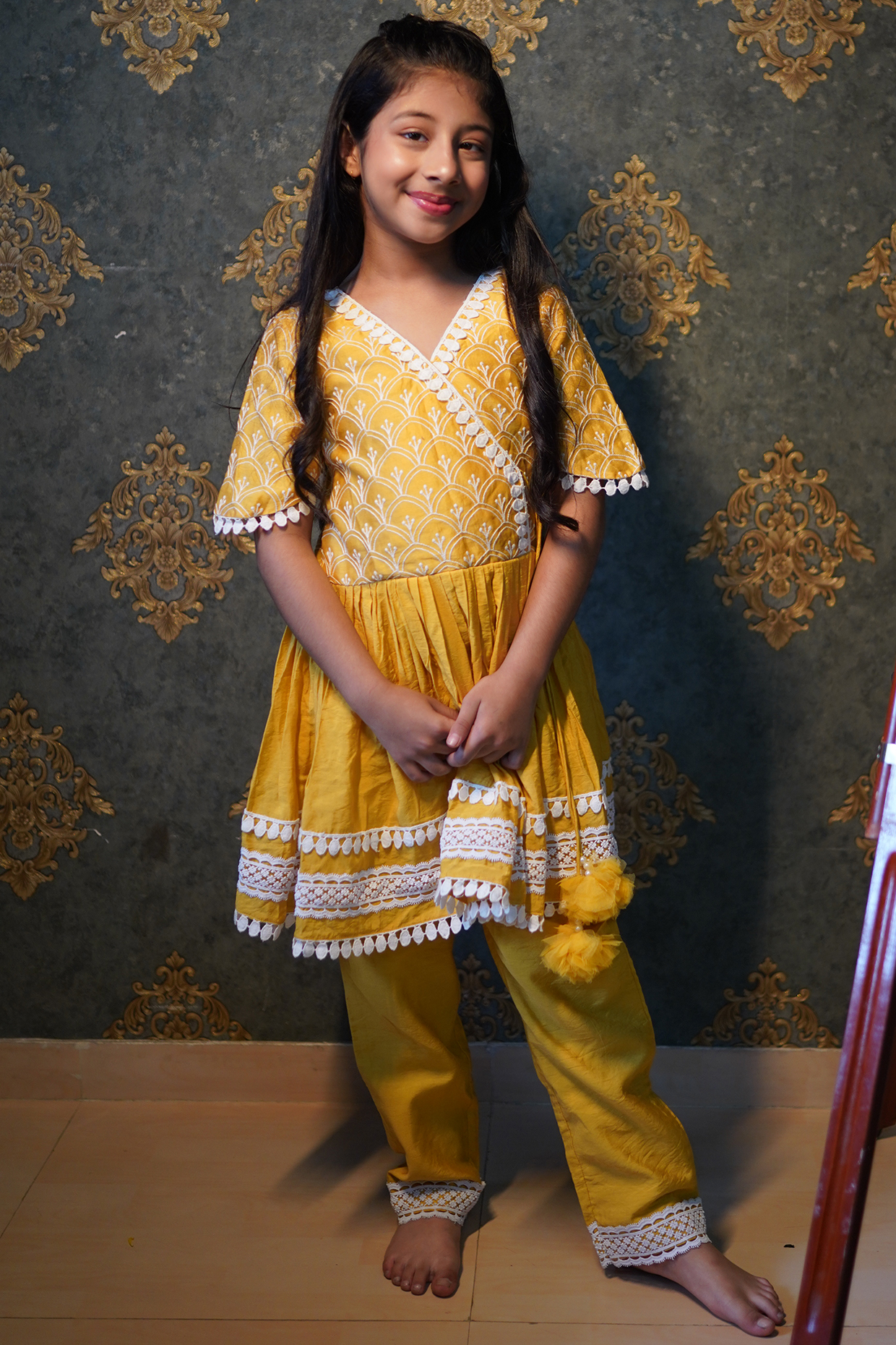 Yellow Chanderi Silk Embroidered Kurta Set For Girls by Kirti Agarwal Pret n Couture
