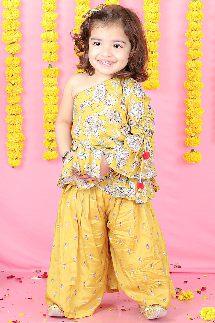 Yellow Dola Silk Peplum Kurta Set For Girls by Kirti Agarwal Pret n Couture