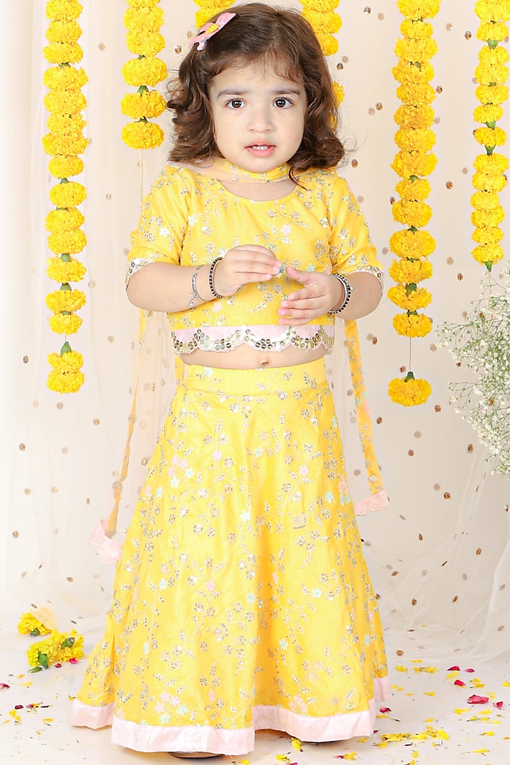 Yellow Silk & Net Embroidered Lehenga Set For Girls by Kirti Agarwal Pret n Couture