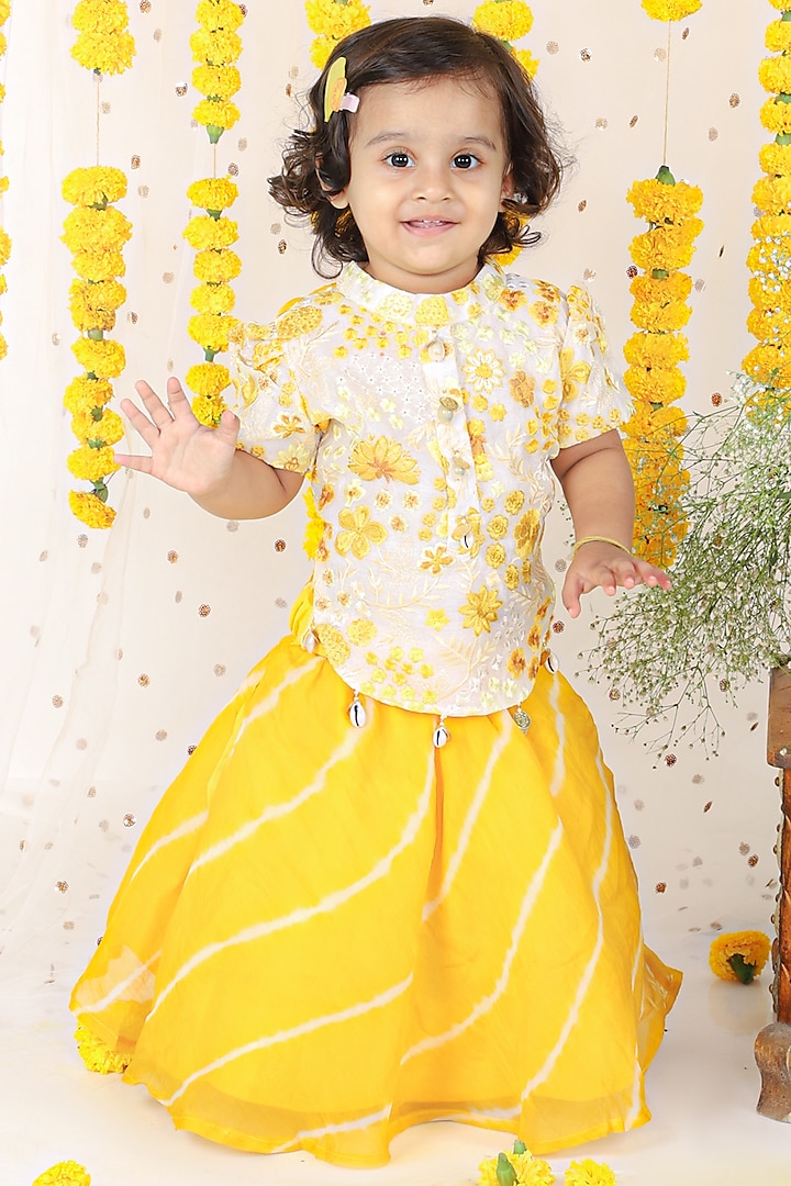 Yellow Organza & Chanderi Lehenga Set For Girls by Kirti Agarwal Pret n Couture