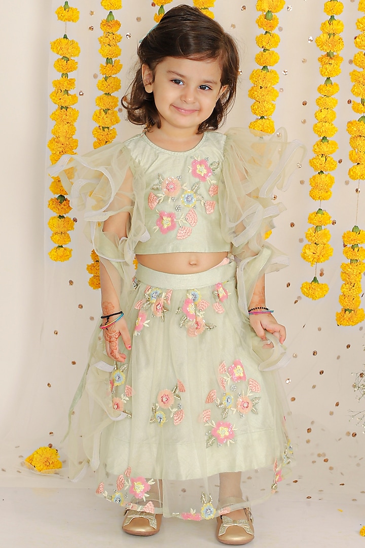 Green Net & Art Silk Embroidered Lehenga Set For Girls by Kirti Agarwal Pret n Couture