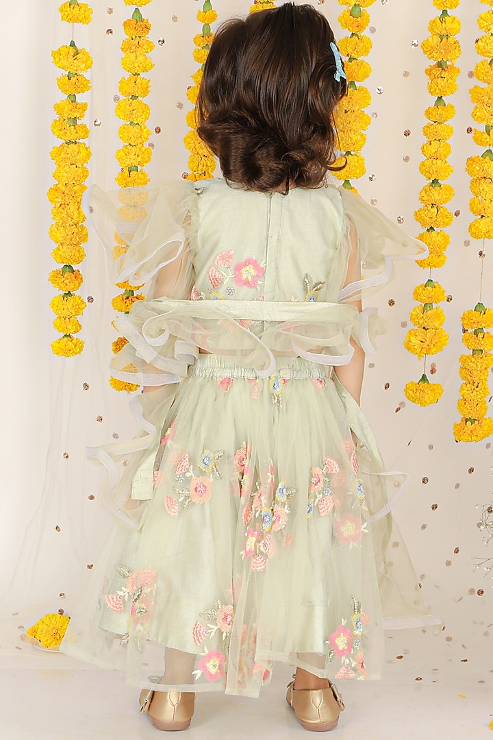 Green Net & Art Silk Embroidered Lehenga Set For Girls by Kirti Agarwal Pret n Couture at Pernia's Pop Up Shop