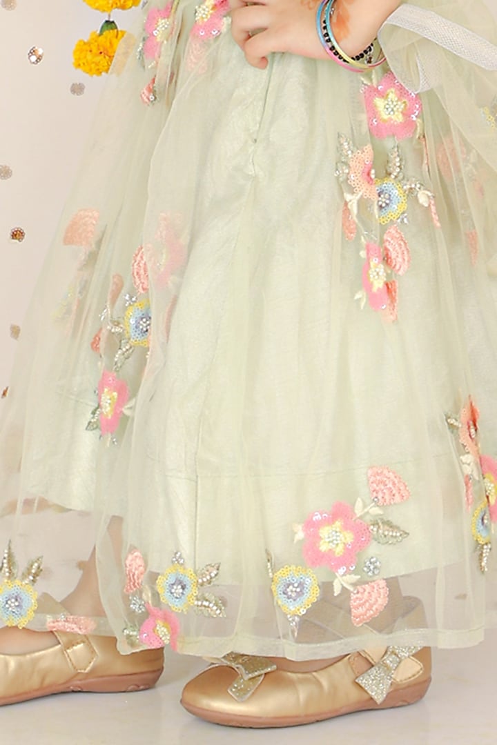 Green Net & Art Silk Embroidered Lehenga Set For Girls by Kirti Agarwal Pret n Couture at Pernia's Pop Up Shop