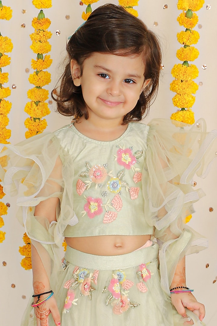 Green Net & Art Silk Embroidered Lehenga Set For Girls by Kirti Agarwal Pret n Couture at Pernia's Pop Up Shop