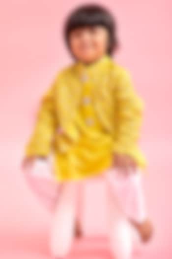 Yellow Silk & Cotton Silk Kurta Set With Attached Jacket For Boys by Kirti Agarwal Pret n Couture
