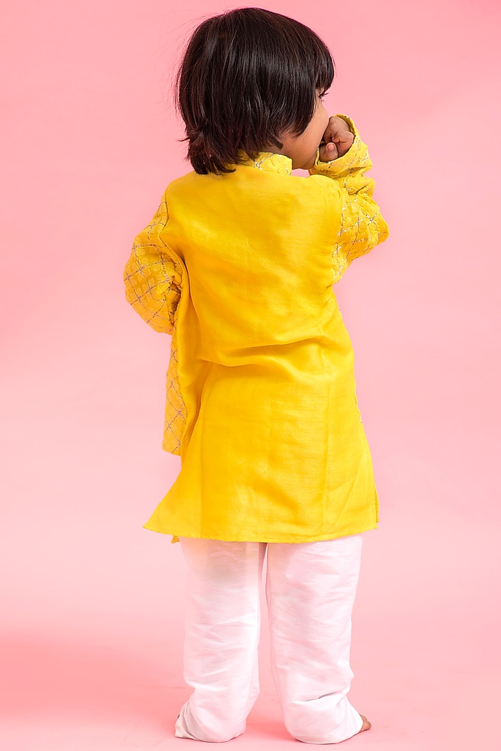 Yellow Silk & Cotton Silk Kurta Set With Attached Jacket For Boys by Kirti Agarwal Pret n Couture at Pernia's Pop Up Shop