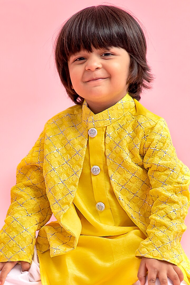 Yellow Silk & Cotton Silk Kurta Set With Attached Jacket For Boys by Kirti Agarwal Pret n Couture at Pernia's Pop Up Shop