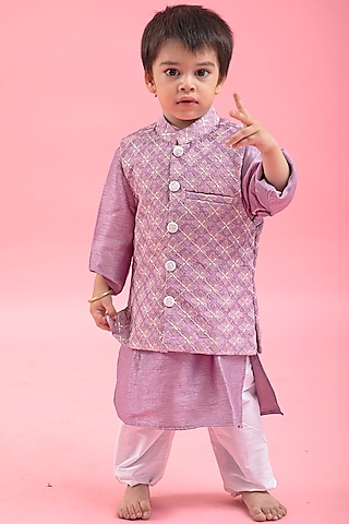 Lavender Cotton Silk Embroidered Bundi Jacket With Kurta Set For Boys by Kirti Agarwal Pret n Couture