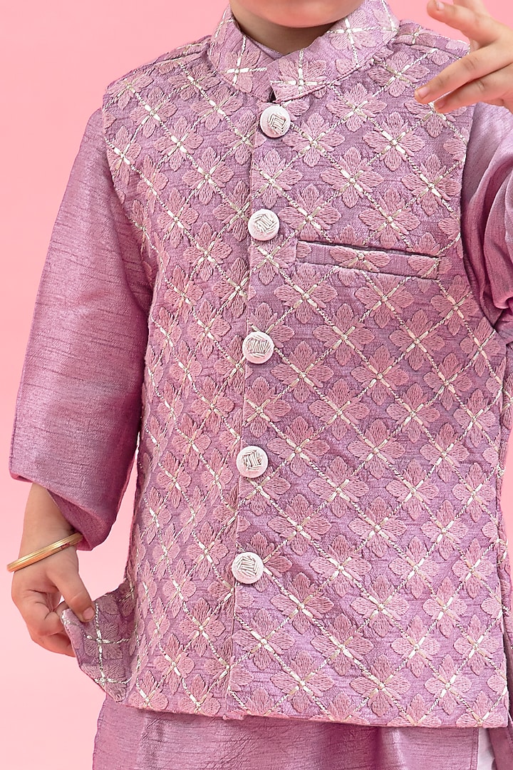 Lavender Cotton Silk Embroidered Bundi Jacket With Kurta Set For Boys by Kirti Agarwal Pret n Couture at Pernia's Pop Up Shop