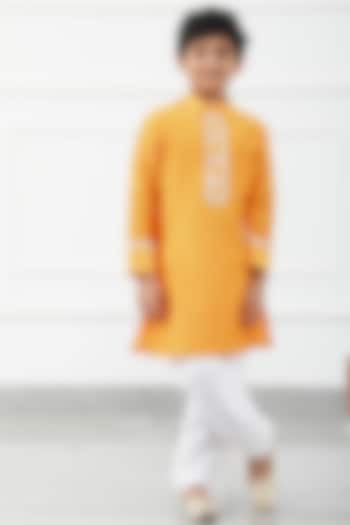 Orange Chanderi Embroidered Kurta Set For Boys by Kirti Agarwal Pret n Couture
