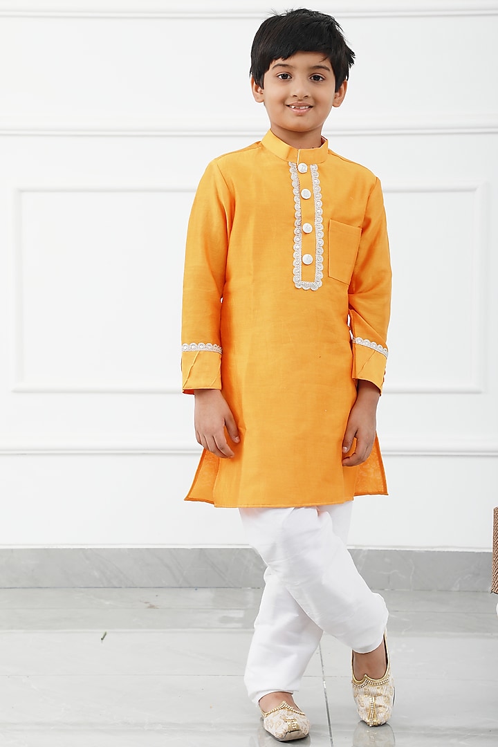 Orange Chanderi Embroidered Kurta Set For Boys by Kirti Agarwal Pret n Couture