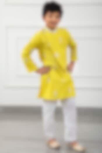 Yellow Chanderi & Cotton Silk Embroidered Kurta Set For Boys by Kirti Agarwal Pret n Couture