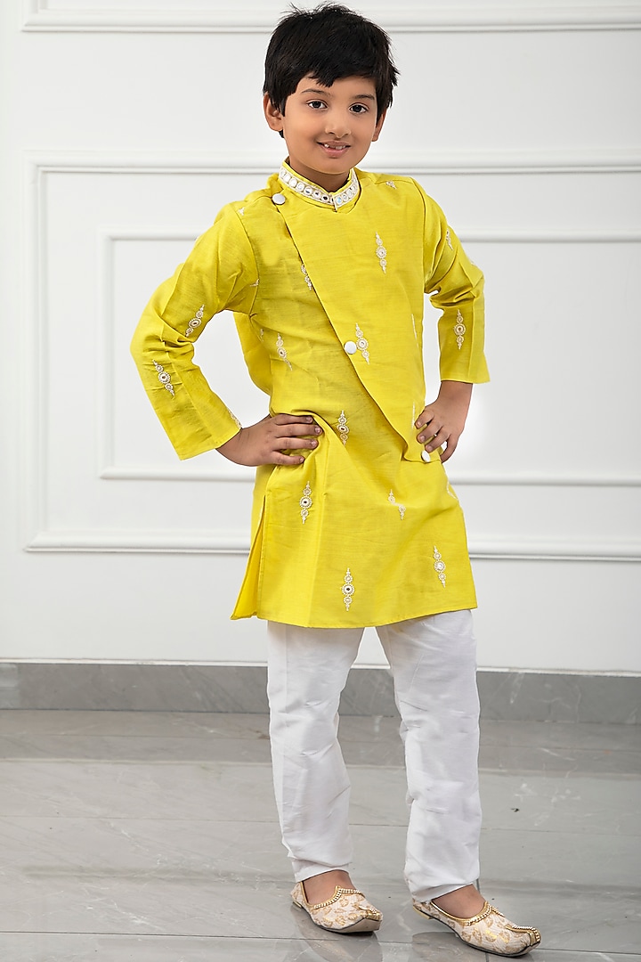 Yellow Chanderi & Cotton Silk Embroidered Kurta Set For Boys by Kirti Agarwal Pret n Couture