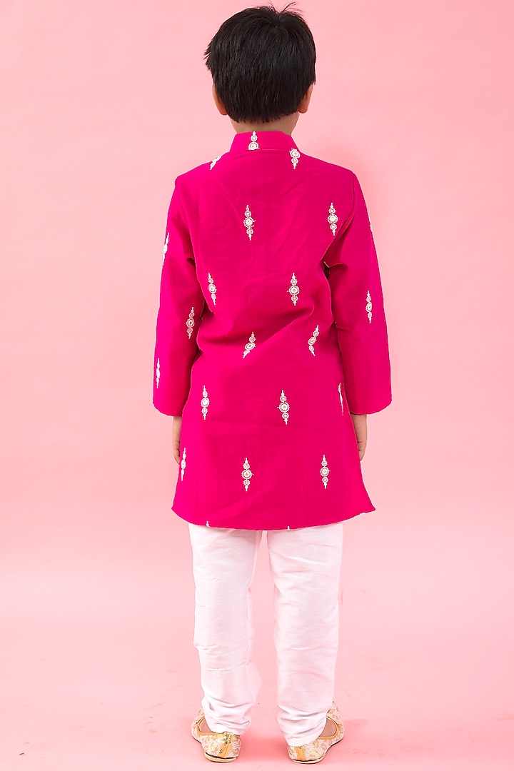 Pink Chanderi & Cotton Silk Embroidered Kurta Set For Boys by Kirti Agarwal Pret n Couture at Pernia's Pop Up Shop