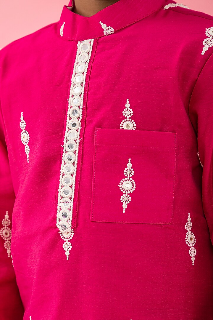 Pink Chanderi & Cotton Silk Embroidered Kurta Set For Boys by Kirti Agarwal Pret n Couture at Pernia's Pop Up Shop