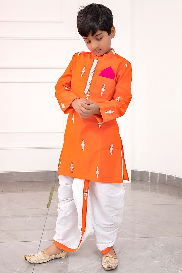 White Chanderi & Cotton Silk Dhoti Set For Boys by Kirti Agarwal Pret n Couture