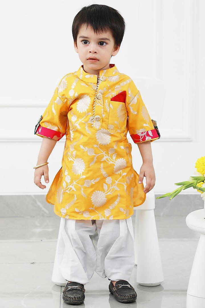 Yellow Brocade Embroidered Kurta Set For Boys by Kirti Agarwal Pret n Couture at Pernia's Pop Up Shop