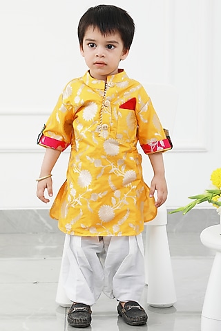 Yellow Brocade Embroidered Kurta Set For Boys by Kirti Agarwal Pret n Couture