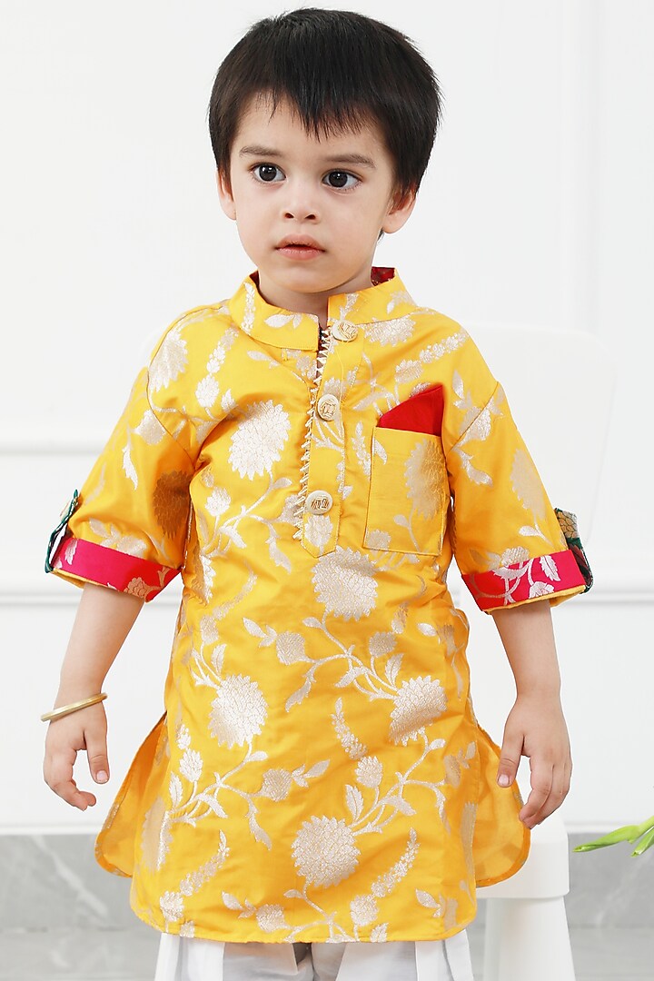 Yellow Brocade Embroidered Kurta Set For Boys by Kirti Agarwal Pret n Couture at Pernia's Pop Up Shop