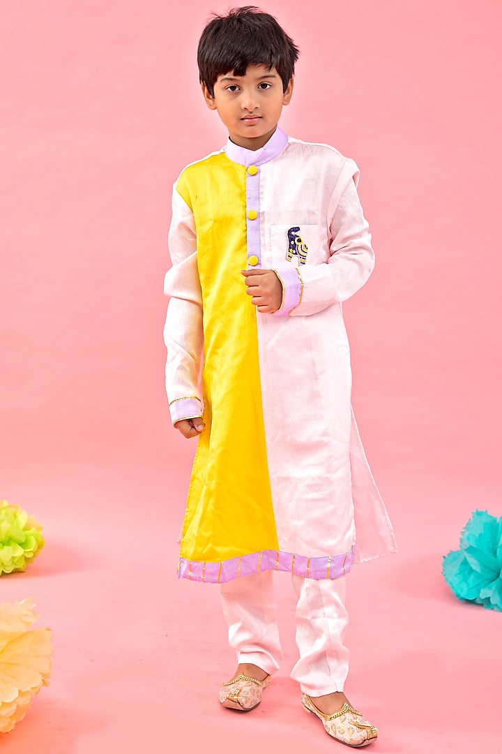 Yellow & Light Pink Embroidered Kurta Set For Boys by Kirti Agarwal Pret n Couture at Pernia's Pop Up Shop