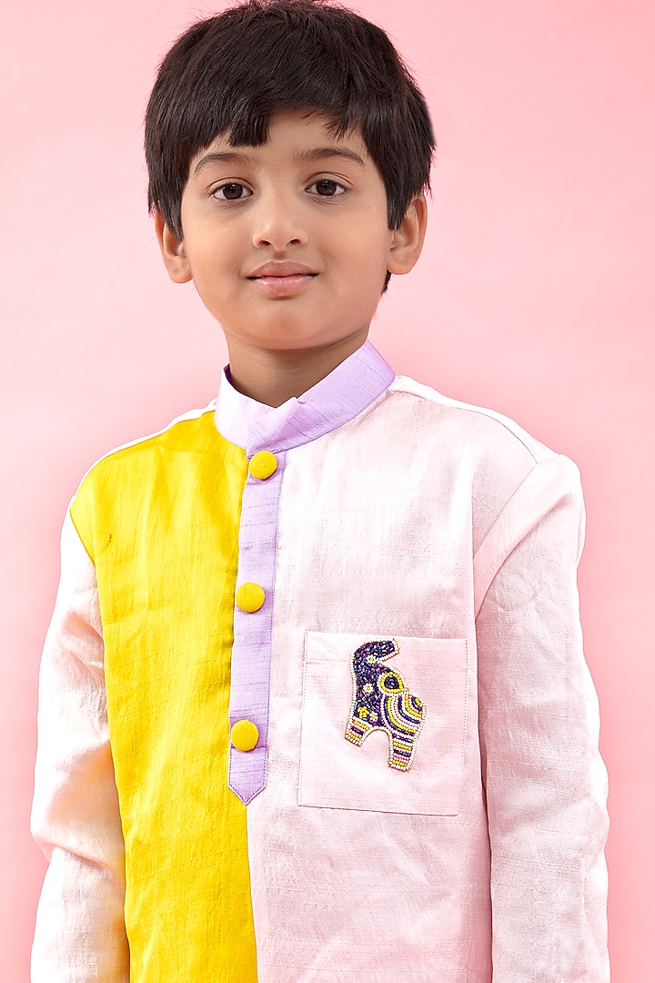 Yellow & Light Pink Embroidered Kurta Set For Boys by Kirti Agarwal Pret n Couture at Pernia's Pop Up Shop