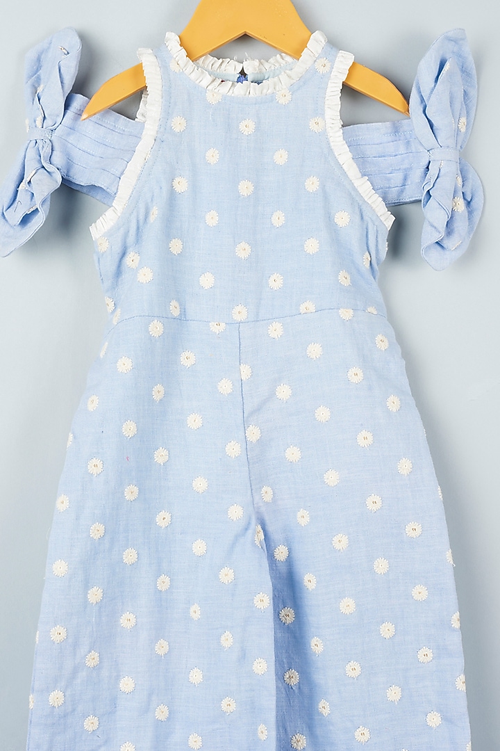 Powder Blue Linen Cold-Shoulder Jumpsuit For Girls by Kirti Agarwal Pret n Couture at Pernia's Pop Up Shop