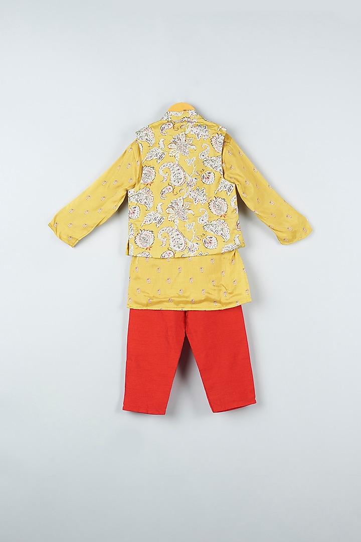 Mustard Kurta Set With Printed Bundi Jacket For Boys by Kirti Agarwal Pret n Couture at Pernia's Pop Up Shop