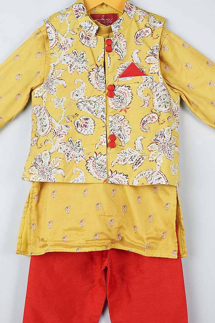Mustard Kurta Set With Printed Bundi Jacket For Boys by Kirti Agarwal Pret n Couture at Pernia's Pop Up Shop