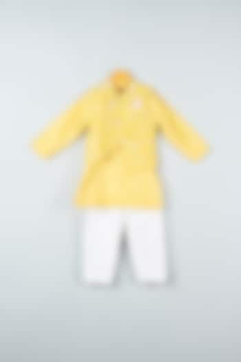 Dandelion Yellow Kurta Set With Embroidered Bundi Jacket For Boys by Kirti Agarwal Pret n Couture at Pernia's Pop Up Shop