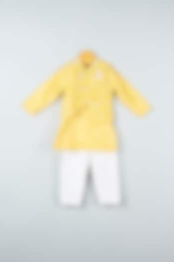 Dandelion Yellow Kurta Set With Embroidered Bundi Jacket For Boys by Kirti Agarwal Pret n Couture