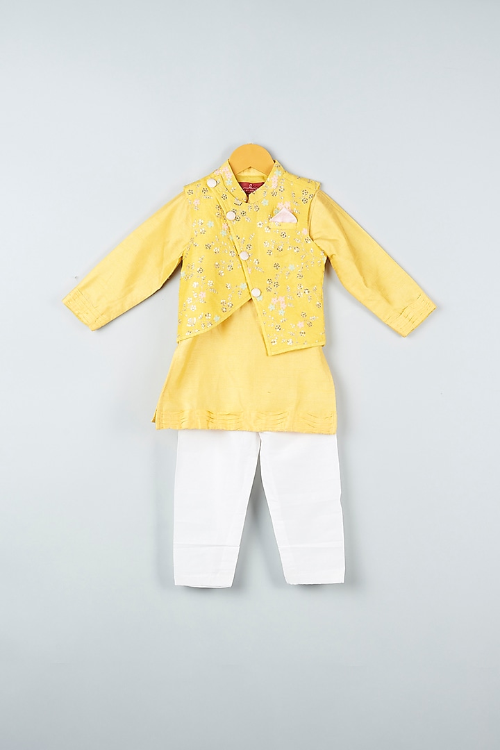Dandelion Yellow Kurta Set With Embroidered Bundi Jacket For Boys by Kirti Agarwal Pret n Couture