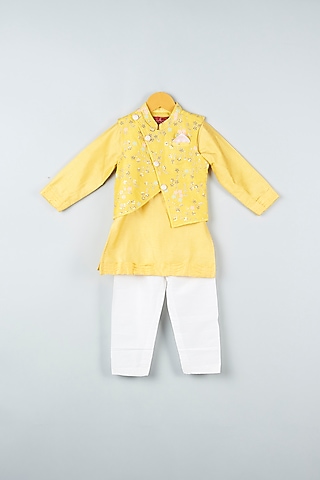 Dandelion Yellow Kurta Set With Embroidered Bundi Jacket For Boys by Kirti Agarwal Pret n Couture