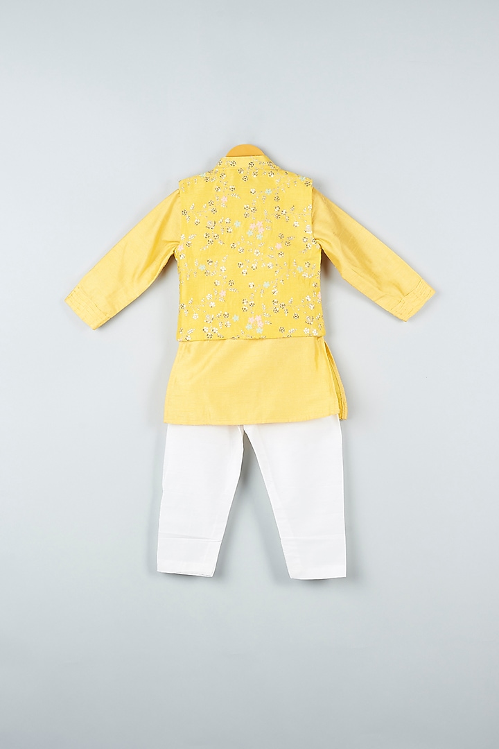 Dandelion Yellow Kurta Set With Embroidered Bundi Jacket For Boys by Kirti Agarwal Pret n Couture at Pernia's Pop Up Shop