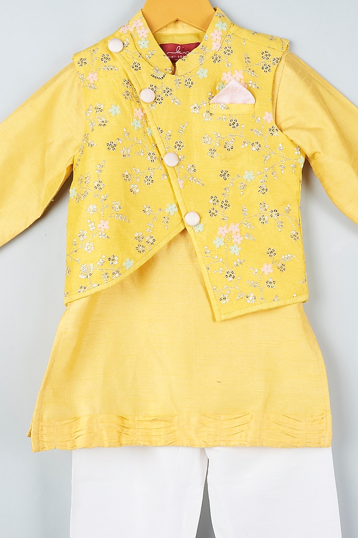Dandelion Yellow Kurta Set With Embroidered Bundi Jacket For Boys by Kirti Agarwal Pret n Couture at Pernia's Pop Up Shop
