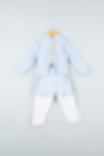 Powder Blue Kurta Set With Embroidered Bundi Jacket For Boys by Kirti Agarwal Pret n Couture