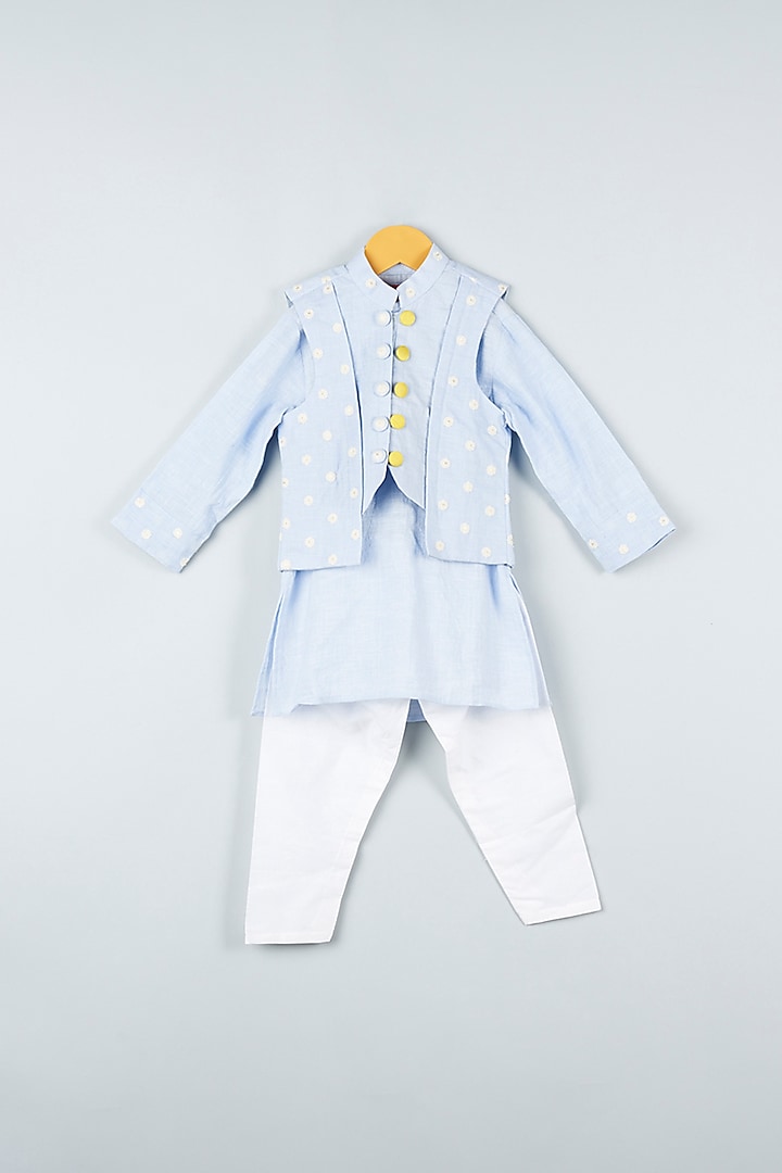 Powder Blue Kurta Set With Embroidered Bundi Jacket For Boys by Kirti Agarwal Pret n Couture