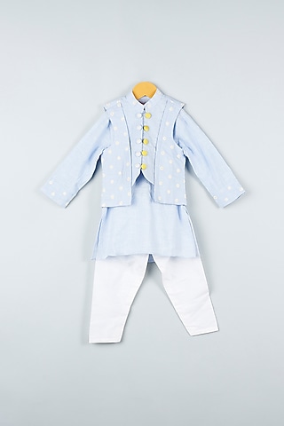 Powder Blue Kurta Set With Embroidered Bundi Jacket For Boys by Kirti Agarwal Pret n Couture