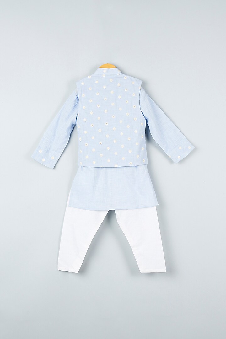 Powder Blue Kurta Set With Embroidered Bundi Jacket For Boys by Kirti Agarwal Pret n Couture at Pernia's Pop Up Shop