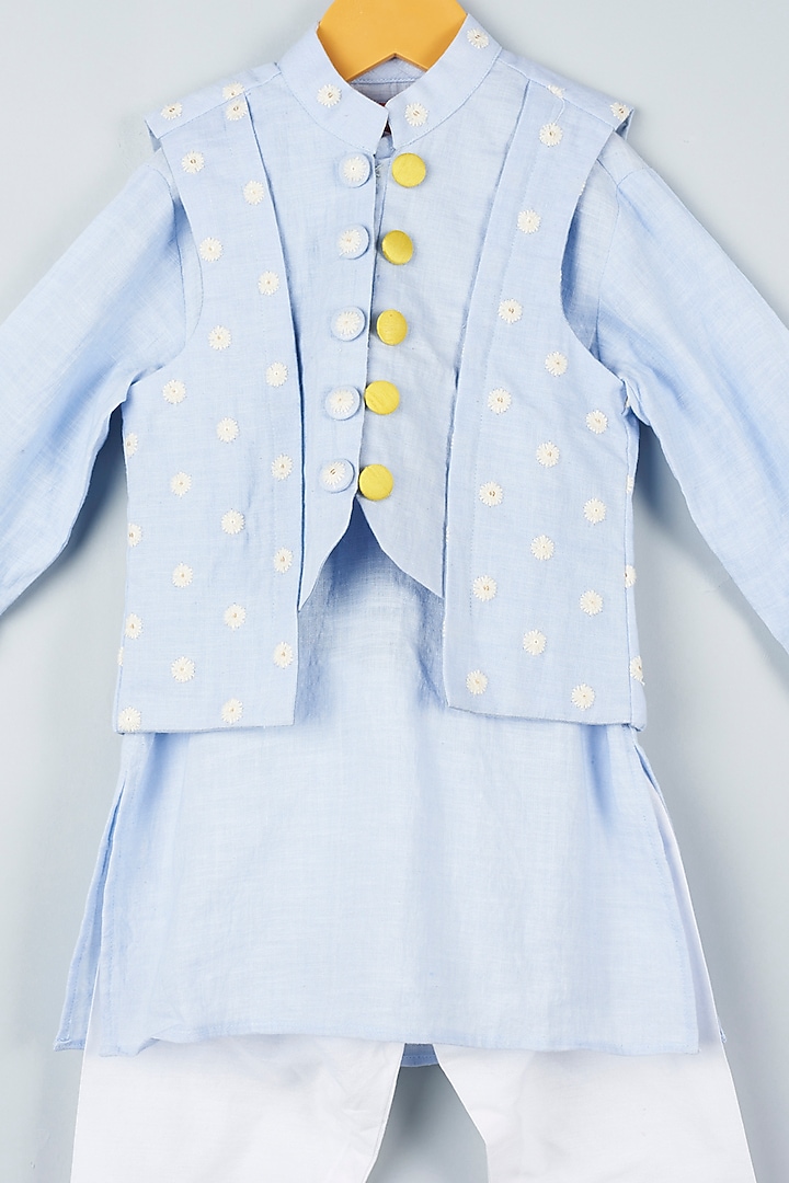 Powder Blue Kurta Set With Embroidered Bundi Jacket For Boys by Kirti Agarwal Pret n Couture at Pernia's Pop Up Shop