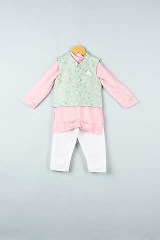 Blush Pink Kurta Set With Mint Bundi Jacket For Boys by Kirti Agarwal Pret n Couture