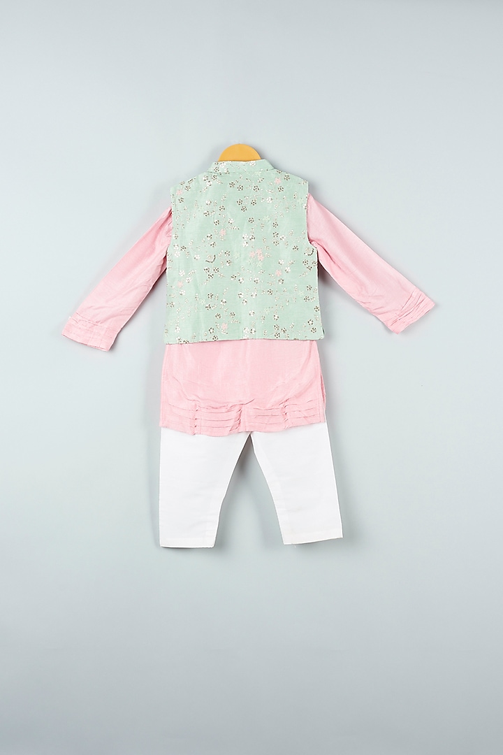 Blush Pink Kurta Set With Mint Bundi Jacket For Boys by Kirti Agarwal Pret n Couture at Pernia's Pop Up Shop