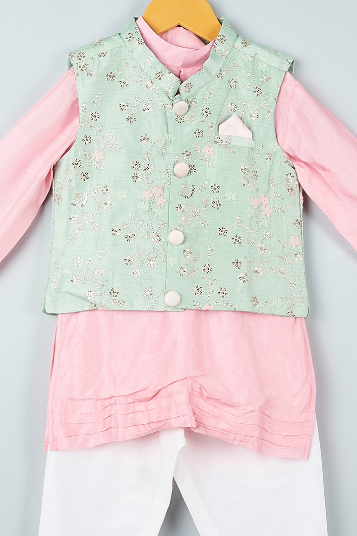 Blush Pink Kurta Set With Mint Bundi Jacket For Boys by Kirti Agarwal Pret n Couture at Pernia's Pop Up Shop