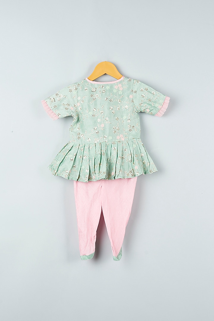 Mint & Blush Pink Embroidered Kurta Set For Girls by Kirti Agarwal Pret n Couture at Pernia's Pop Up Shop