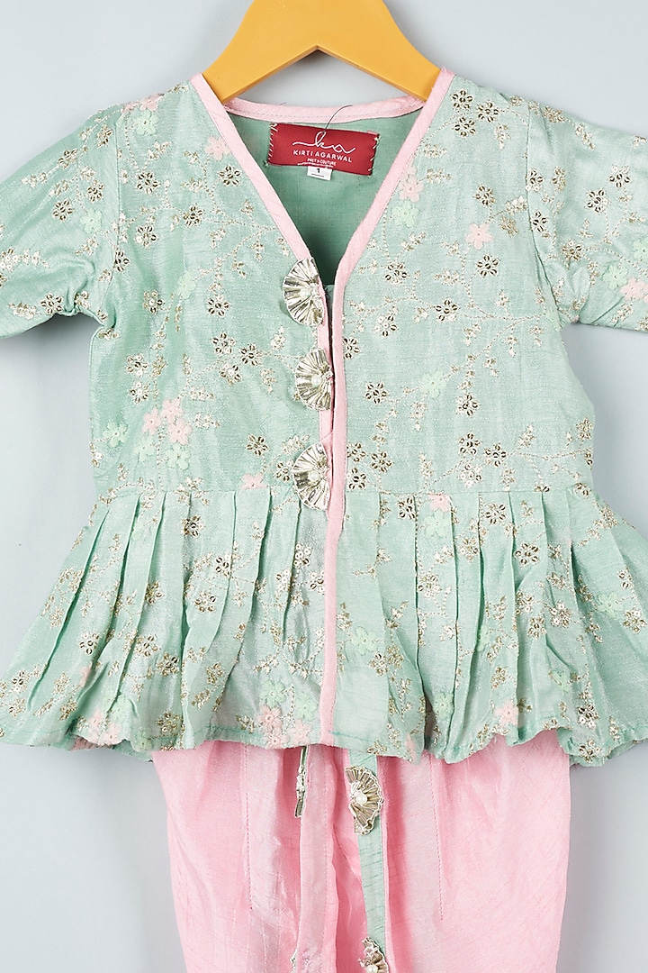 Mint & Blush Pink Embroidered Kurta Set For Girls by Kirti Agarwal Pret n Couture at Pernia's Pop Up Shop