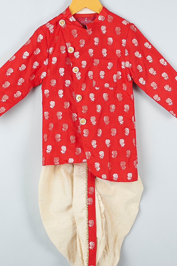 Bright Red Printed Kurta Set For Boys by Kirti Agarwal Pret n Couture at Pernia's Pop Up Shop