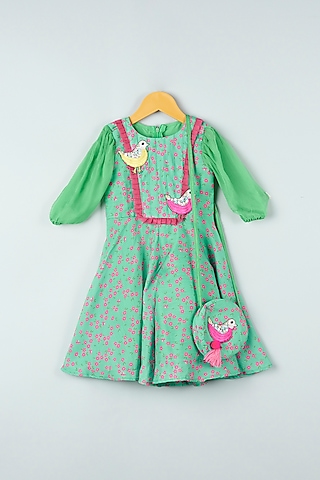 Aqua Green Printed & Embroidered Jumpsuit With Sling Bag For Girls by Kirti Agarwal Pret n Couture
