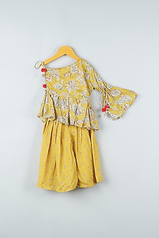 Mustard Dola Silk Palazzo Pant Set For Girls by Kirti Agarwal Pret n Couture