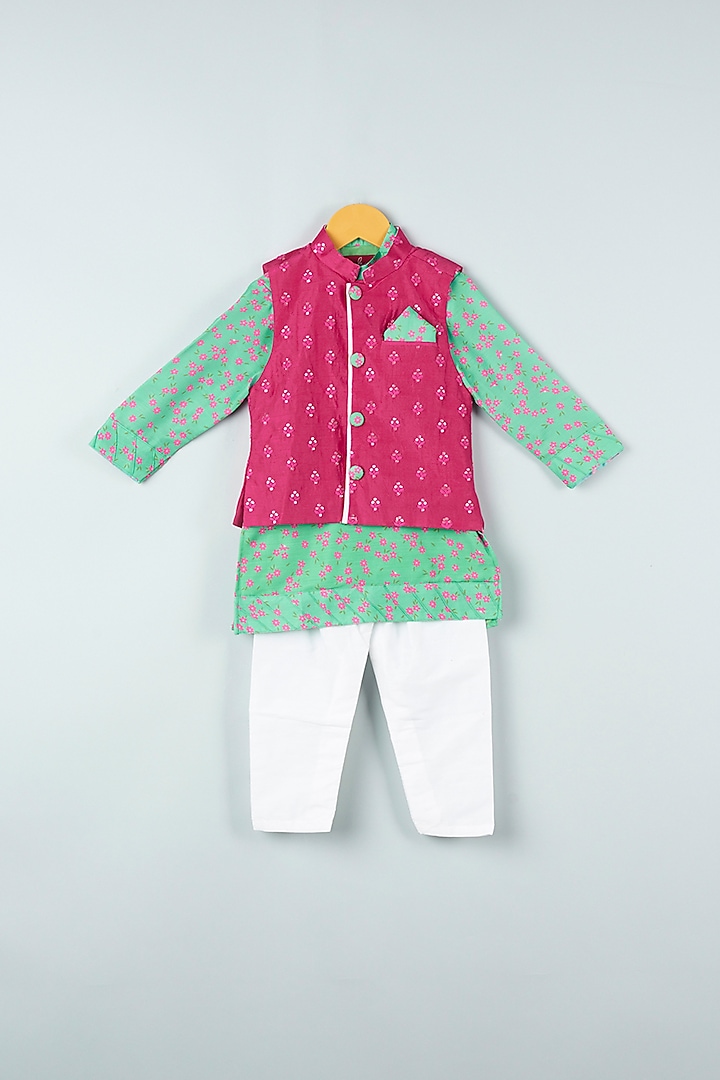 Aqua Green Kurta Set With Fuchsia Bundi Jacket For Boys by Kirti Agarwal Pret n Couture